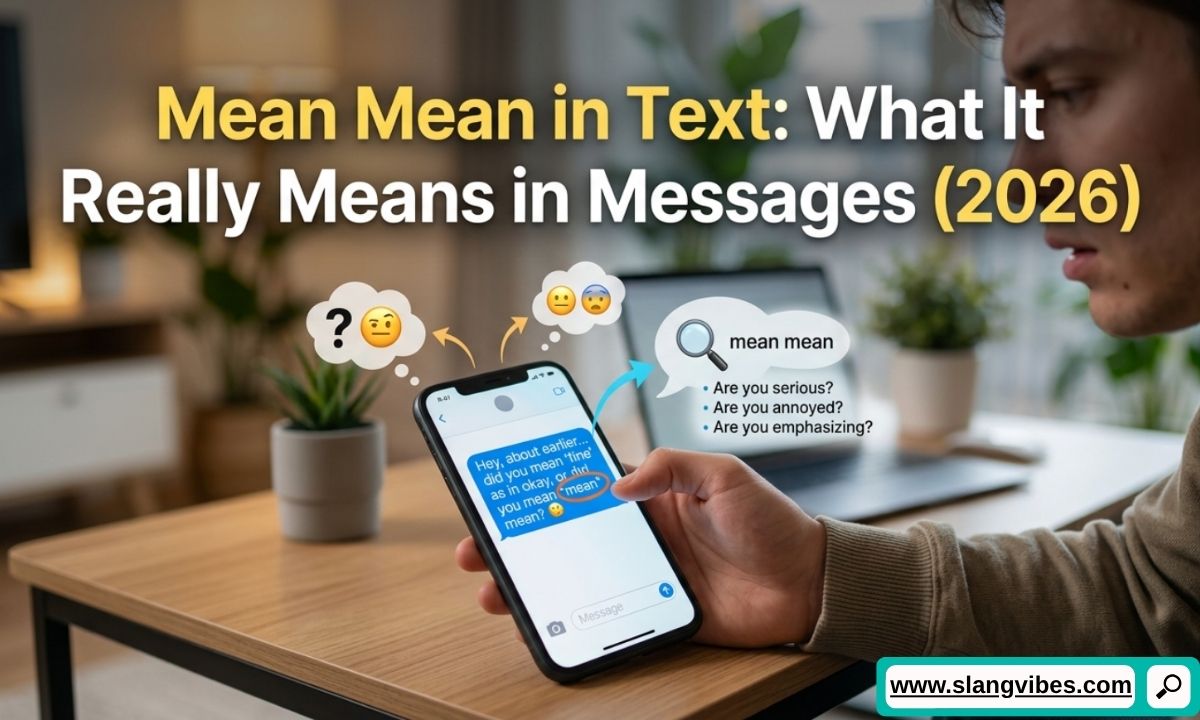 Person reading a confusing text message saying mean mean on a smartphone screen in 2026