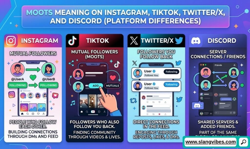 Moots meaning on Instagram, TikTok, Twitter/X, and Discord explained with social media icons and chat bubbles