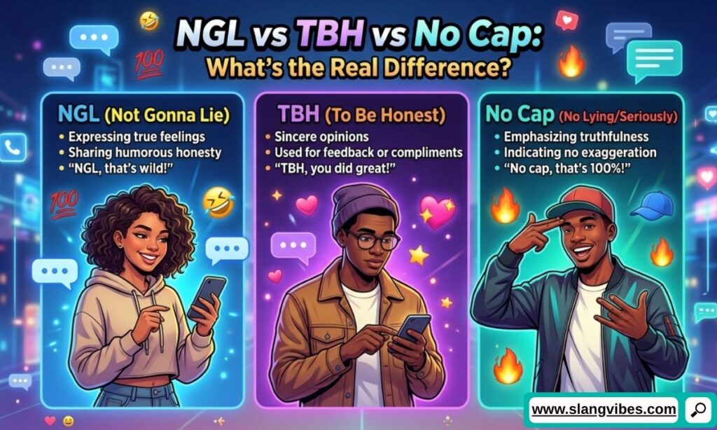Comparison of NGL vs TBH vs No Cap meanings in text with social media and chat examples
