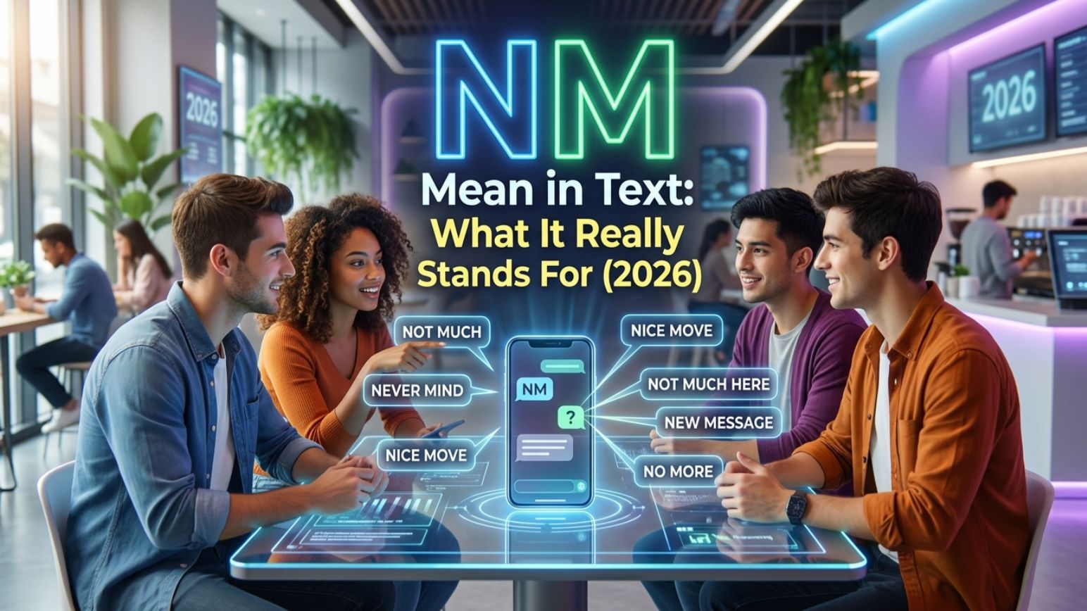 NM Mean in Text meaning explained on a smartphone chat screen with texting abbreviations and social media messages