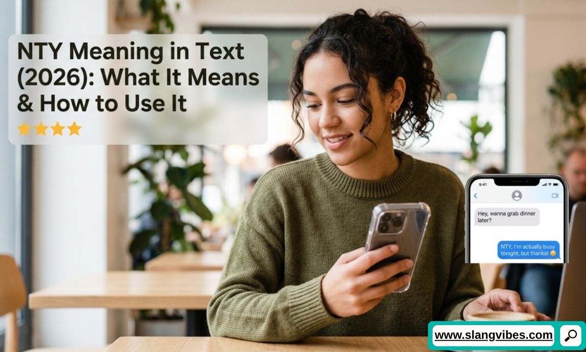 NTY Meaning in Text displayed in a smartphone chat conversation with modern texting slang examples