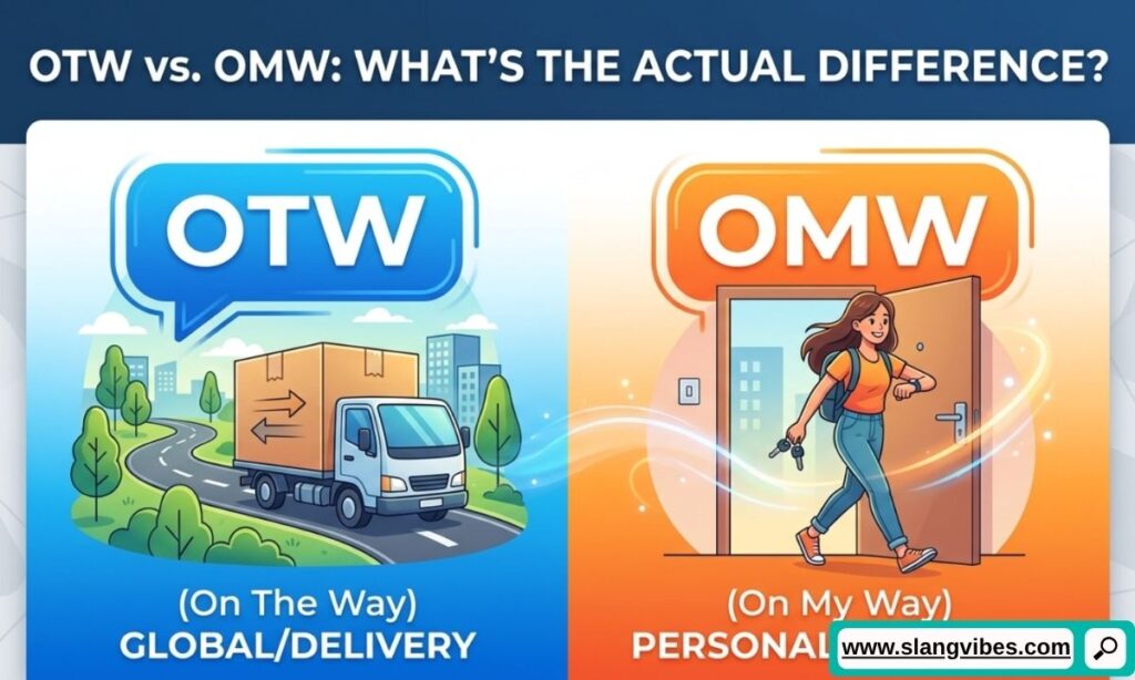 Comparison chart explaining OTW vs OMW meanings in text with messaging examples for social media and texting.