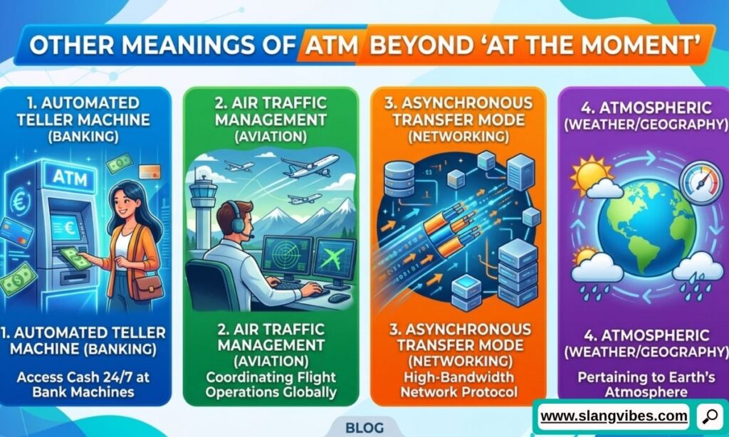 ATM meanings beyond at the moment including banking and slang interpretations in text messages and online chat