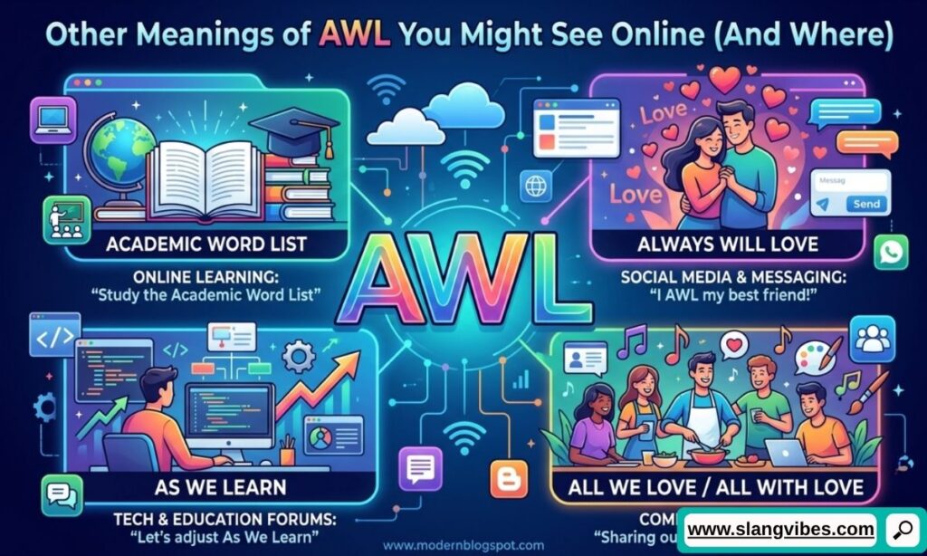 Other meanings of AWL online explained with social media slang texting abbreviations and internet chat examples