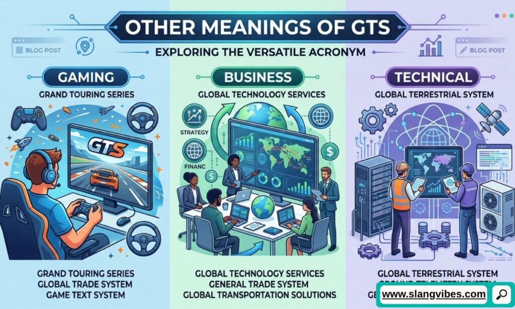 Other meanings of GTS in gaming, business, and technology displayed with icons representing multiple industries