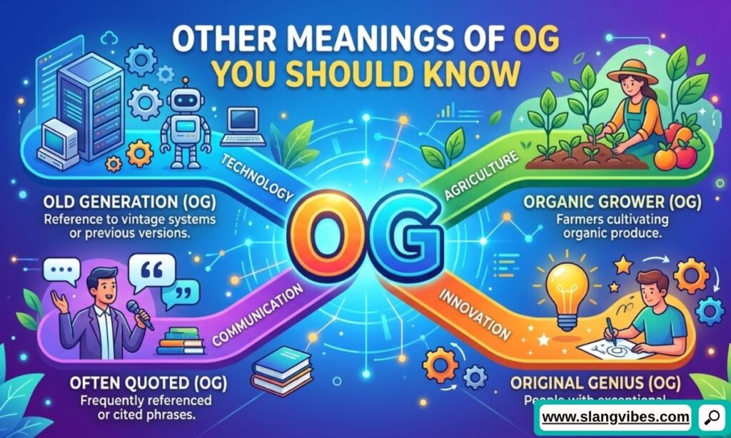 Infographic showing other meanings of OG in text, gaming, social media, and different online contexts.