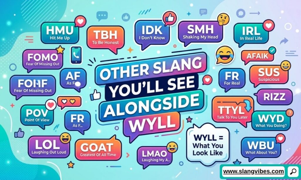 Popular texting slang terms used alongside WYLL in Snapchat TikTok and Instagram conversations
