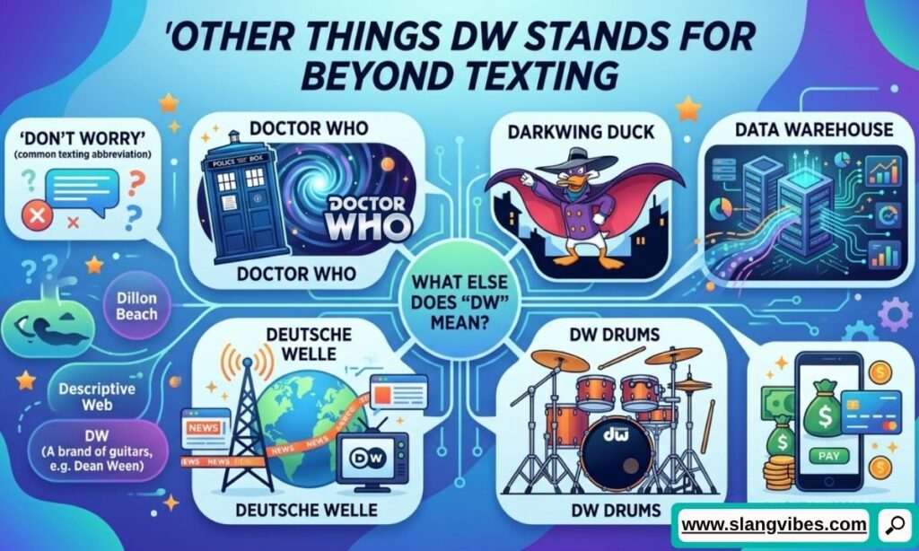 Other meanings of DW beyond texting including medical, aviation, physics, and online abbreviations