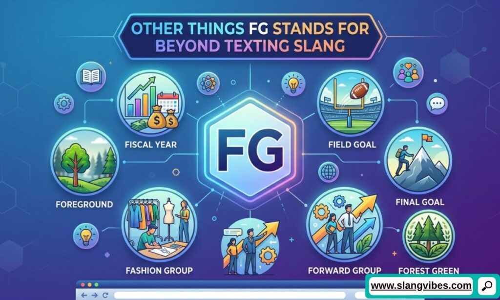 Other meanings of FG beyond texting slang shown in professional, medical, scientific, and online communication contexts