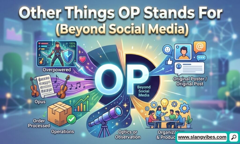 Different meanings of OP beyond social media including original poster, overpowered, operation, and opening theme