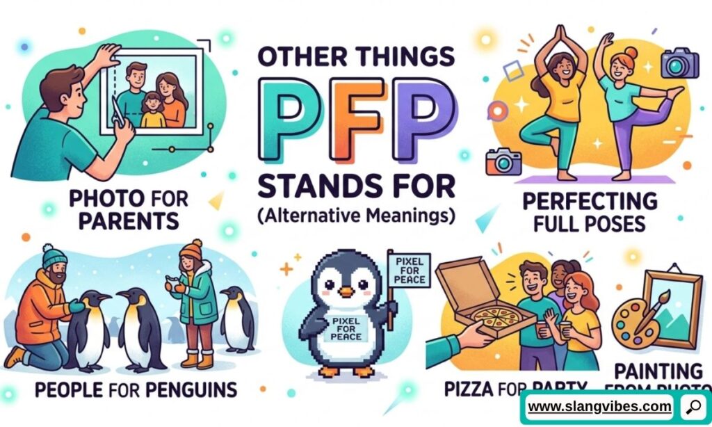 Alternative meanings of PFP in text with social media icons and acronym explanation graphic