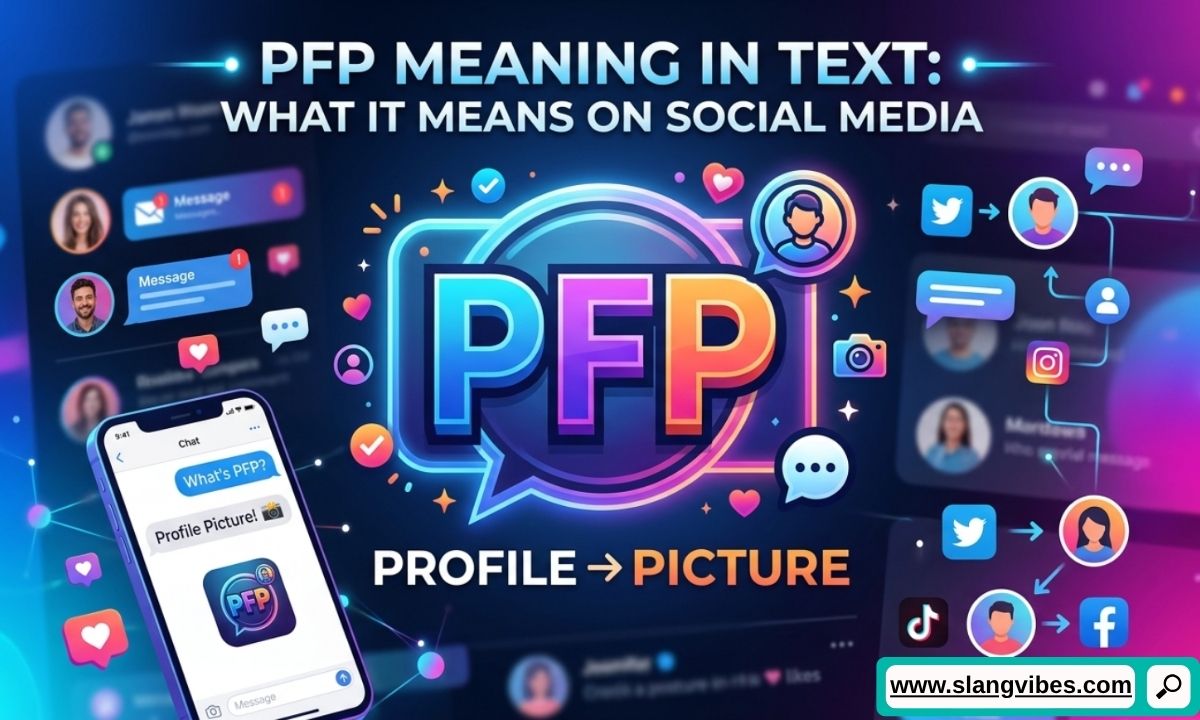 PFP meaning in text on social media shown with profile picture icons, chat messages, and mobile app interface