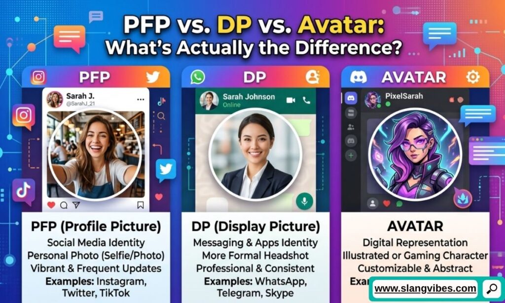 PFP vs DP vs Avatar comparison showing profile picture icons across social media and messaging platforms