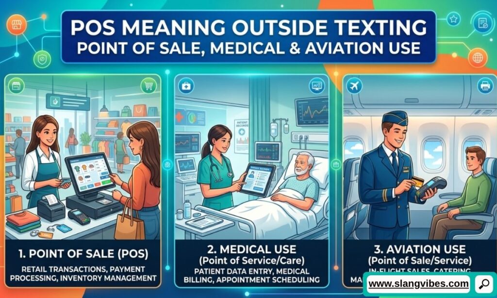 POS meaning outside texting including Point of Sale systems, medical terminology, and aviation position references