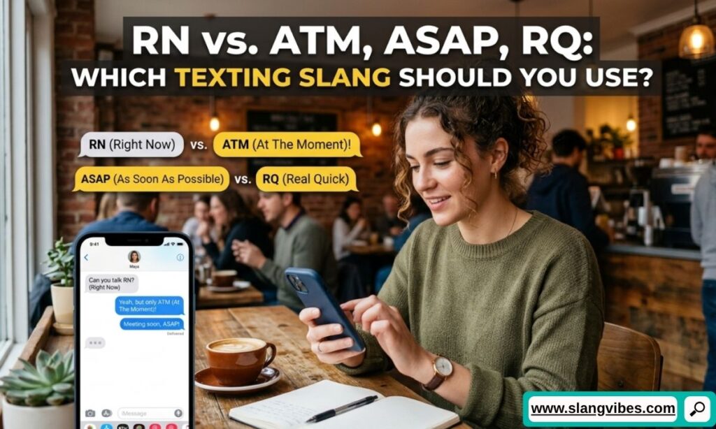 RN vs ATM vs ASAP vs RQ texting slang comparison chart showing meanings and usage in text messages