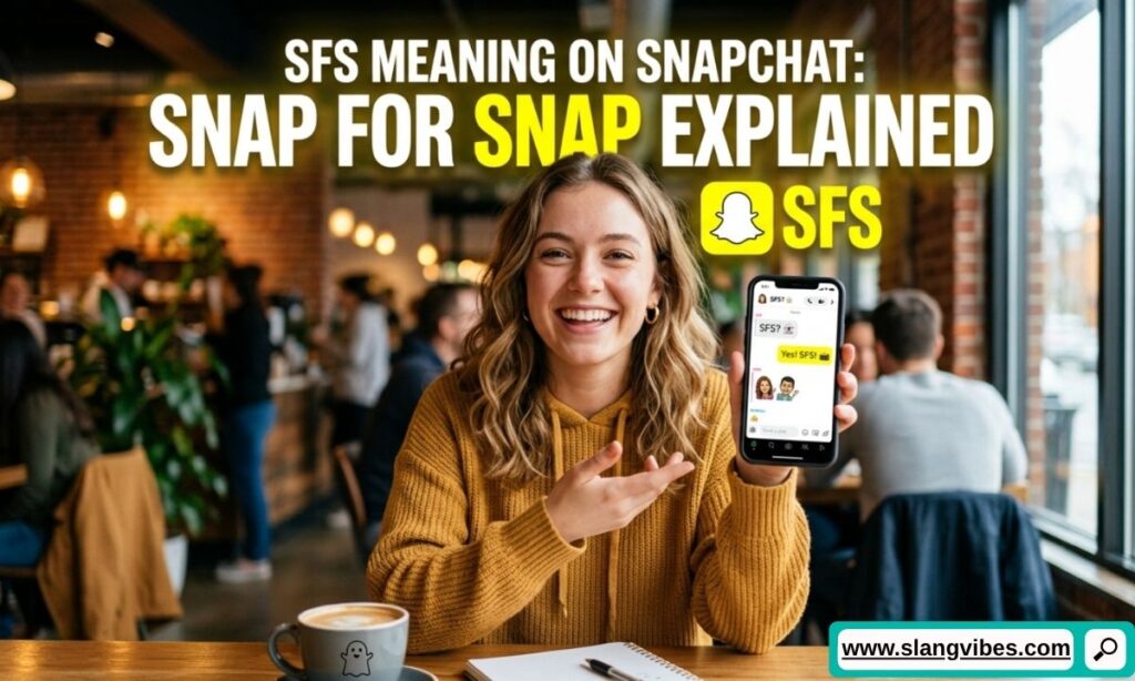 SFS meaning on Snapchat showing Snap for Snap with chat examples and Snapchat story promotion