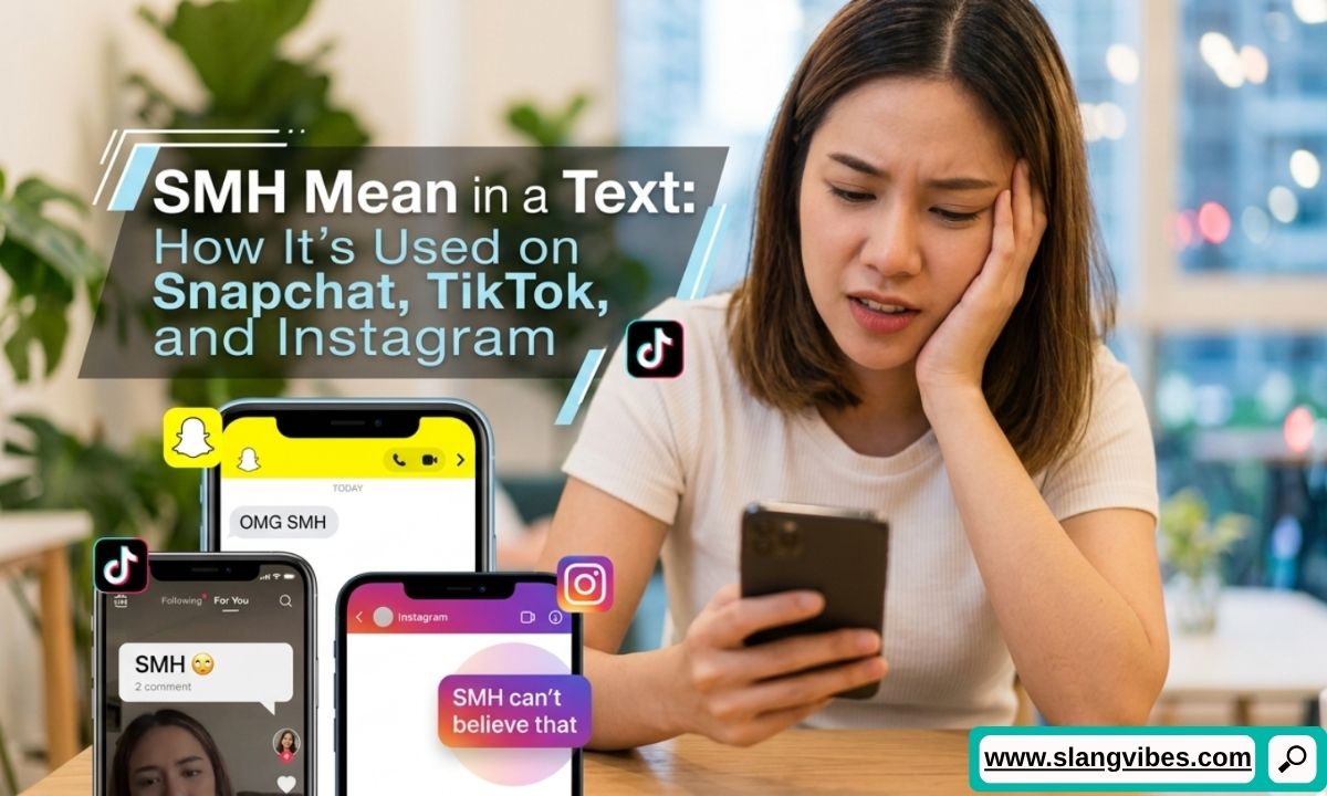 SMH Mean in a Text shown on Snapchat, TikTok, and Instagram chat screens with social media messaging icons
