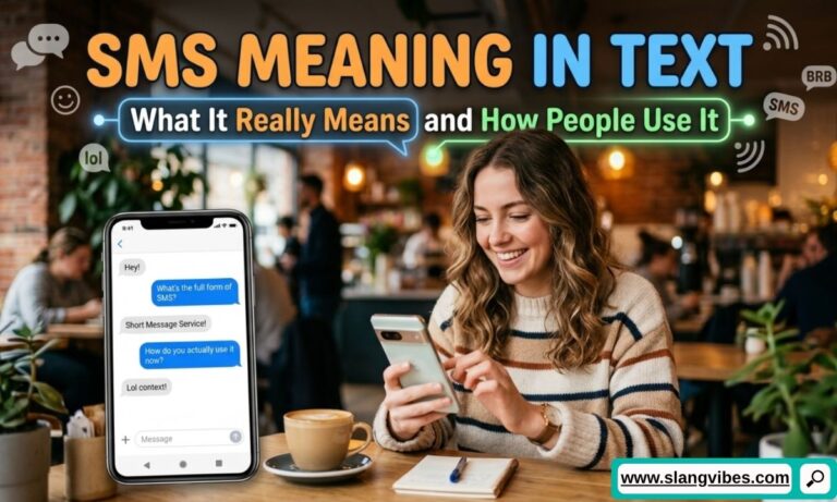 SMS meaning in text shown on smartphone screen with texting examples and message icons