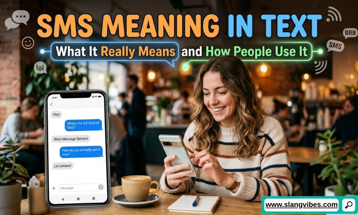 SMS meaning in text shown on smartphone screen with texting examples and message icons