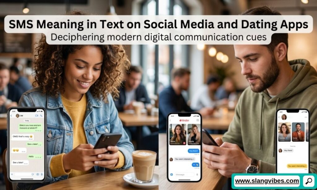 SMS meaning in text displayed on social media and dating app messaging screens