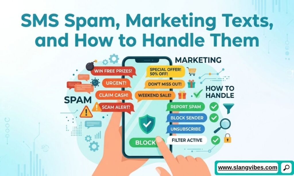 SMS spam and marketing texts shown on smartphone with message blocking and reporting options