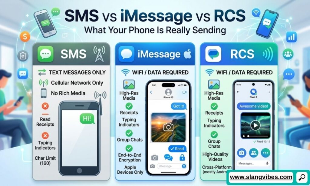 SMS vs iMessage vs RCS comparison on smartphone showing different messaging technologies