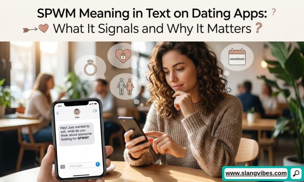 SPWM meaning in text on dating apps shown in a chat conversation with online dating messages and social media slang
