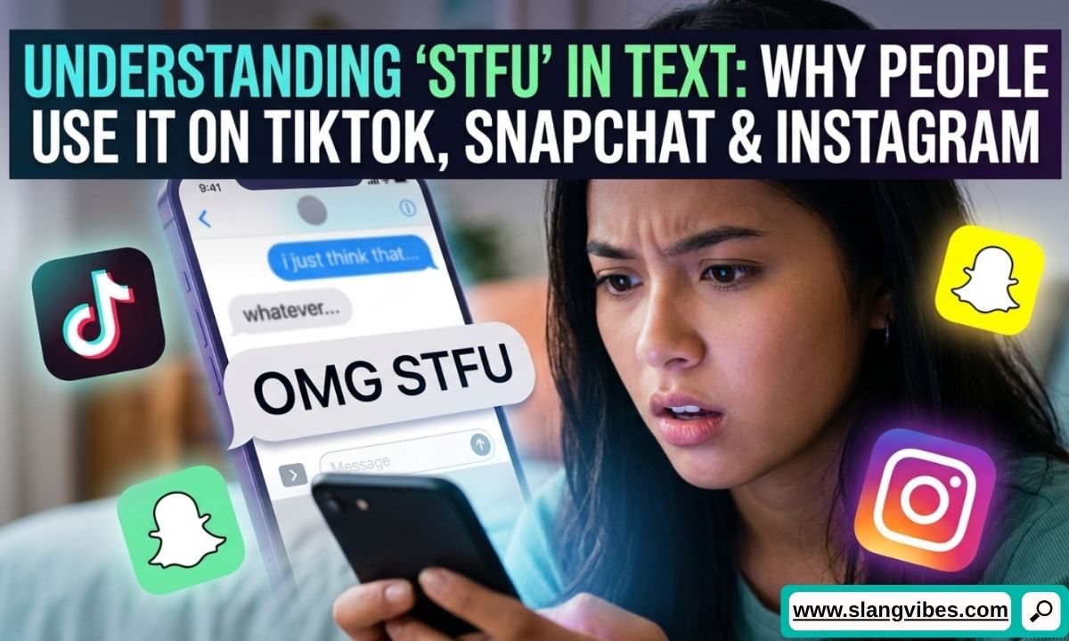 STFU meaning in text displayed on a smartphone screen with TikTok, Snapchat, and Instagram chat messages
