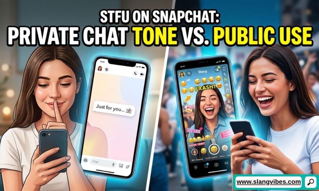STFU on Snapchat shown in a private chat and public story example explaining different conversation tones