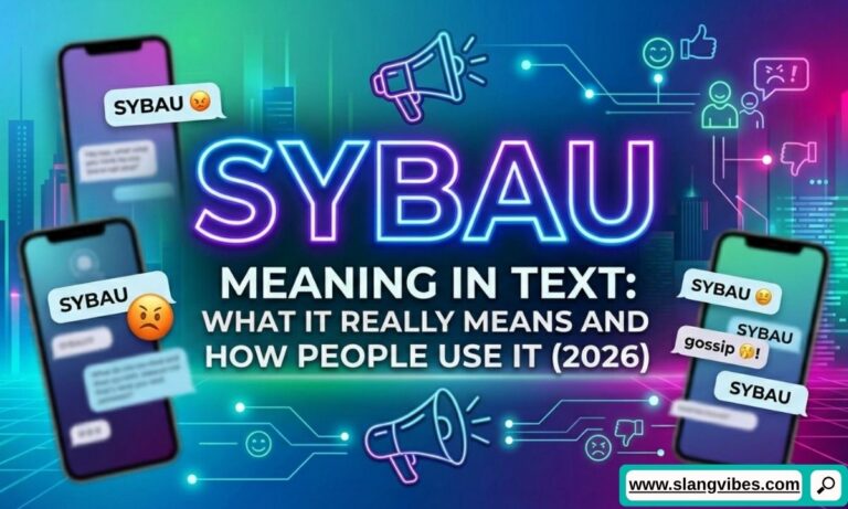 SYBAU meaning in text displayed on a smartphone chat screen with social media slang and texting abbreviations