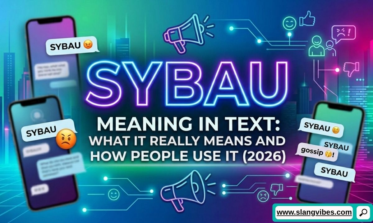 SYBAU meaning in text displayed on a smartphone chat screen with social media slang and texting abbreviations
