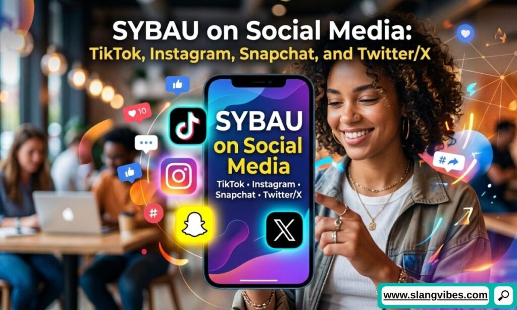 SYBAU meaning on TikTok, Instagram, Snapchat, and Twitter X shown in social media chat and comment examples