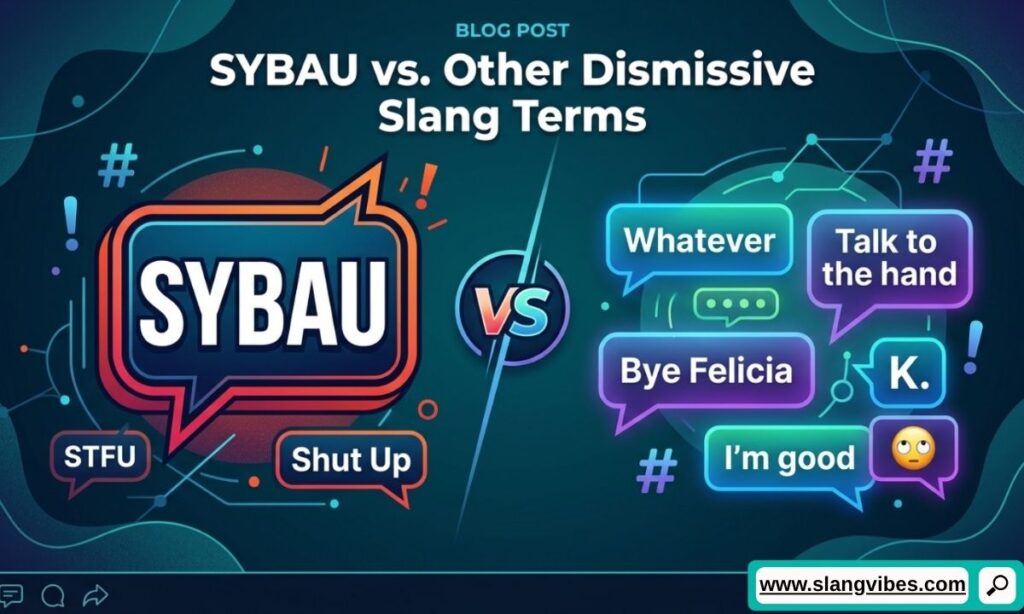 Comparison of SYBAU and other dismissive slang terms used in texting, social media chats, and online conversations