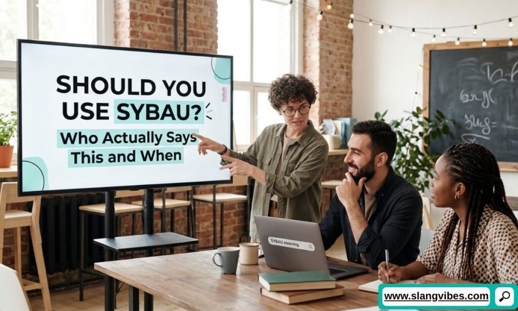 Person deciding whether to use SYBAU in text messages with examples of social media slang and online conversations