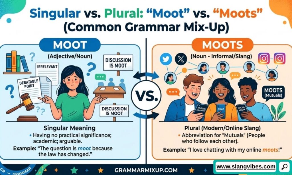 Singular vs plural moot vs moots common grammar mix-up explained with simple comparison infographic