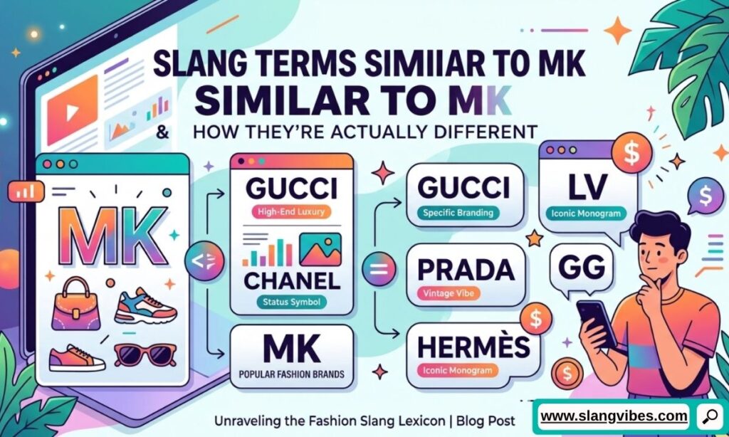Slang terms similar to MK including OK, KK, K, and OKAY compared with texting meanings and chat examples