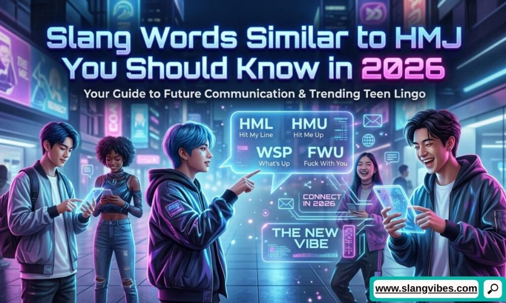 Popular slang words similar to HMJ displayed in text messages and social media chat conversations in 2026