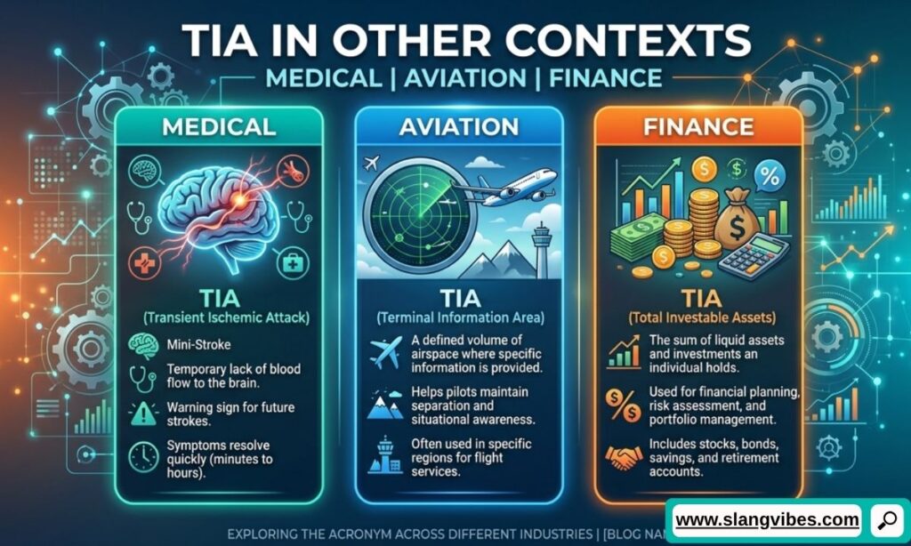 TIA meanings in medical, aviation, and finance contexts explained with examples of each industry usage