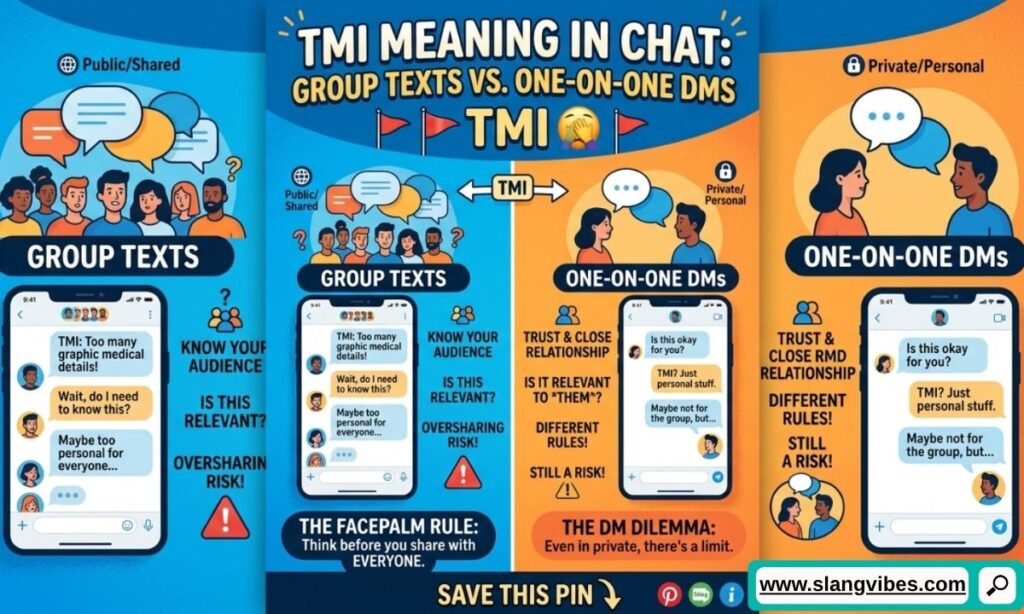 TMI Meaning in Chat comparing group texts and one-on-one DMs with texting examples and social media conversations