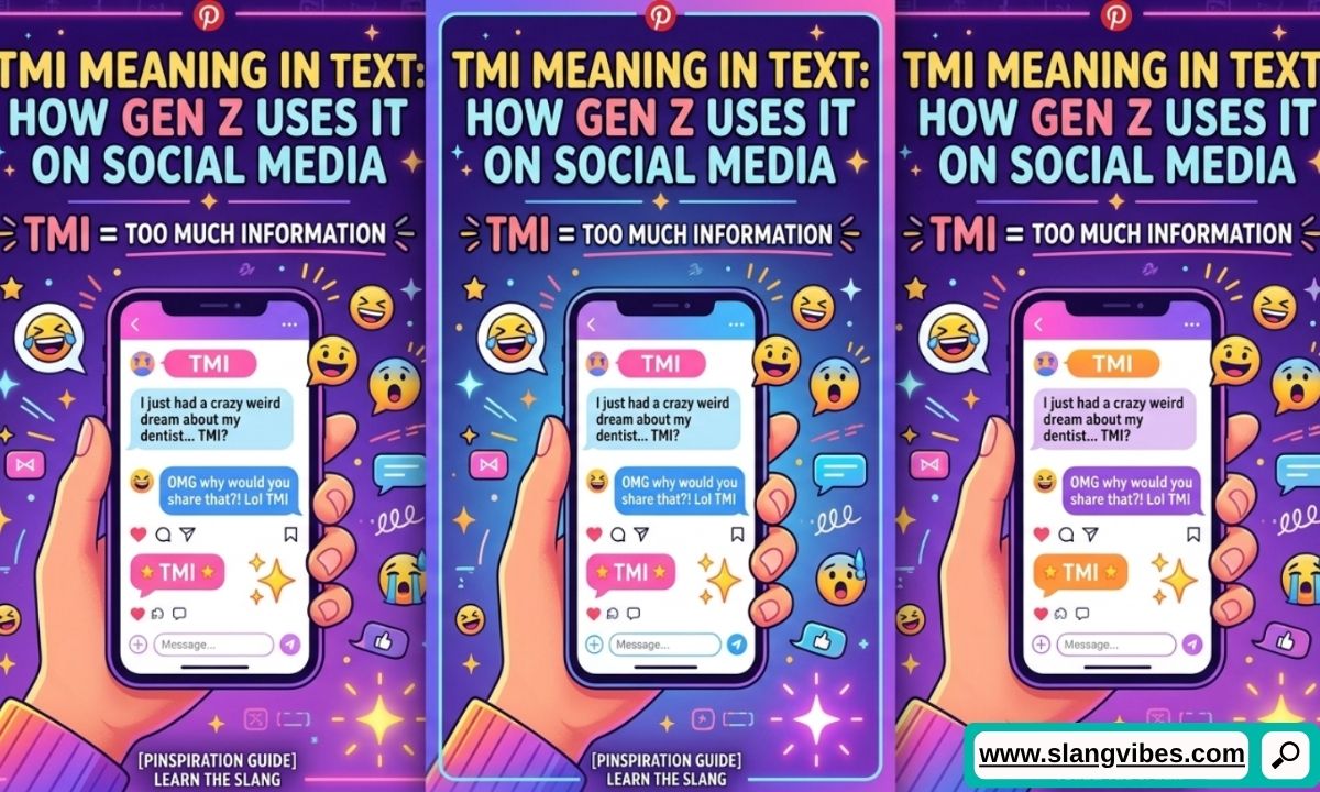 TMI Meaning in Text explained with Gen Z social media chat examples on TikTok, Snapchat, and Instagram