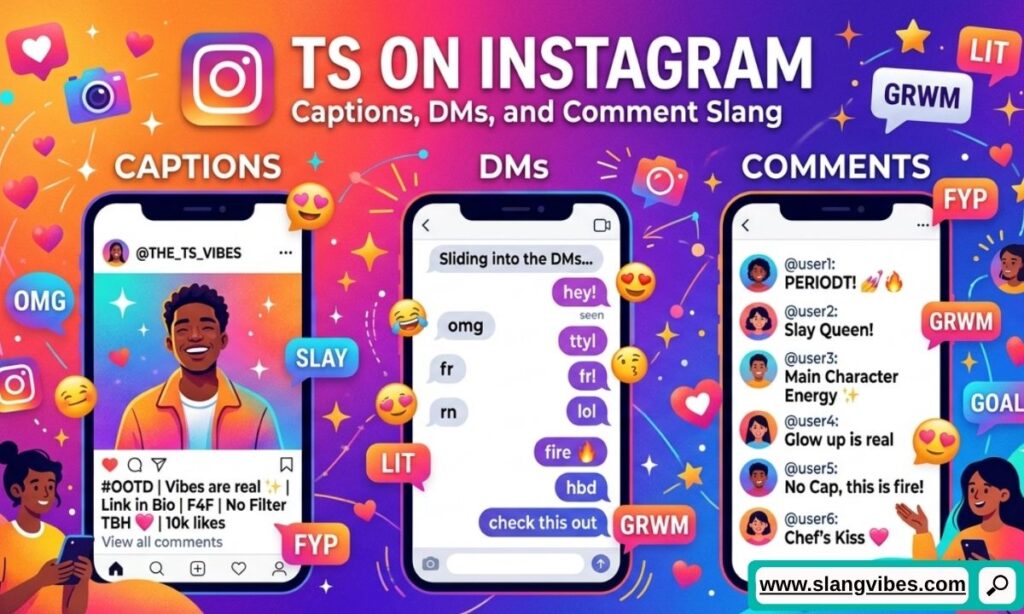 TS on Instagram shown in captions, DMs, and comments with social media slang examples