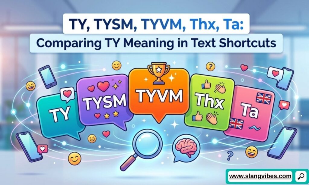 TY, TYSM, TYVM, Thx, Ta comparison showing thank you text shortcuts used in chats and social media messaging