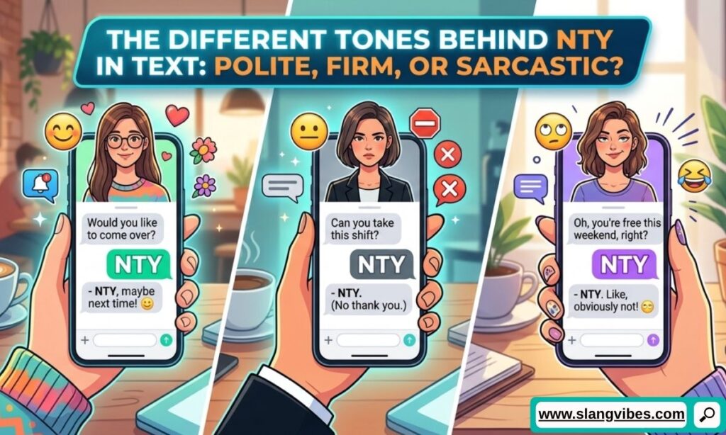 Different NTY text meanings showing polite, firm, and sarcastic tones in chat conversations