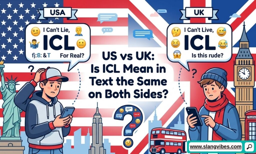 US vs UK comparison of ICL Mean in Text showing texting slang differences, chat meanings, and social media usage.
