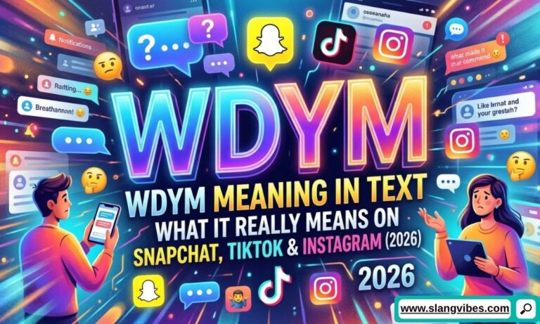 WDYM meaning in text shown on Snapchat, TikTok, and Instagram chat screens with modern texting slang examples