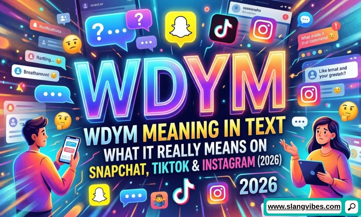 WDYM meaning in text shown on Snapchat, TikTok, and Instagram chat screens with modern texting slang examples