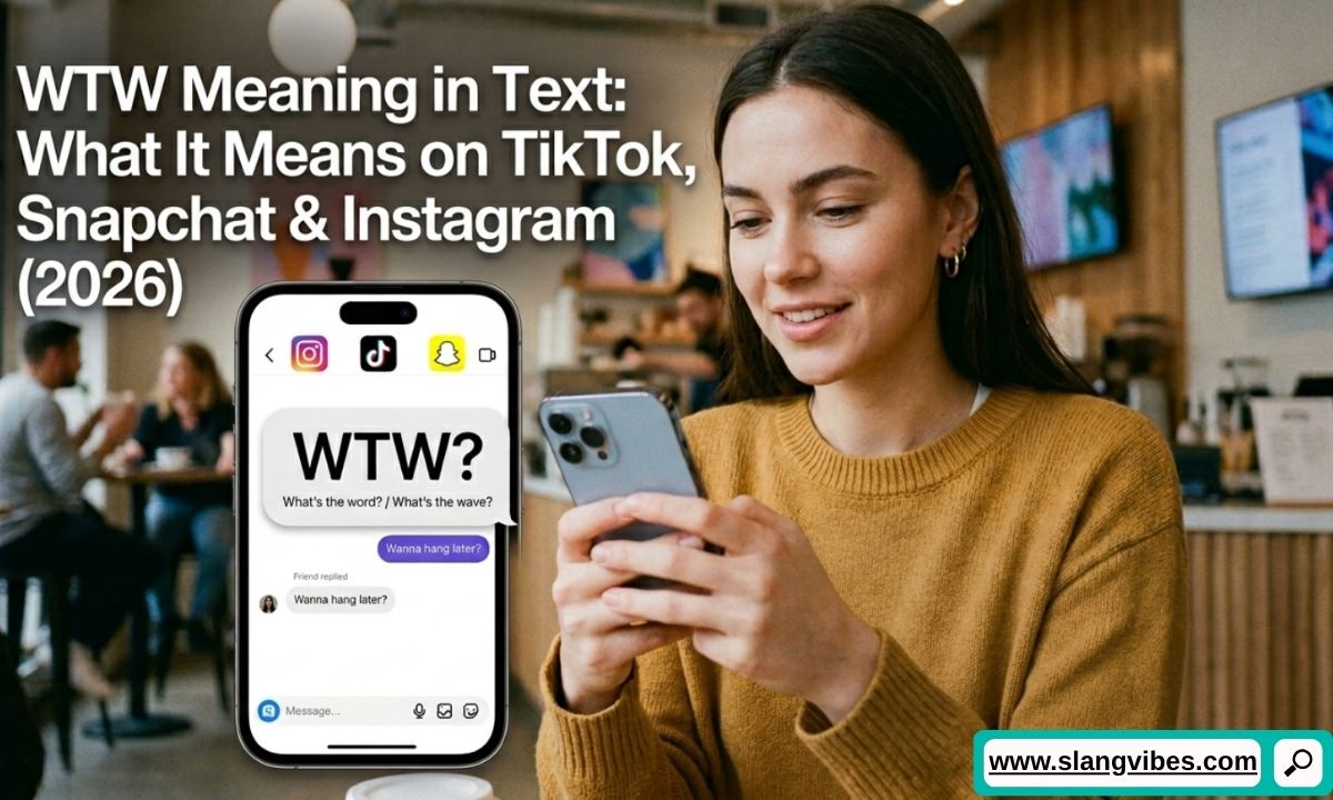 WTW meaning in text shown on TikTok, Snapchat, and Instagram chat screen with social media messaging examples