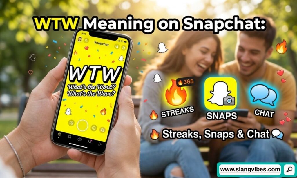 WTW meaning on Snapchat shown in streaks, snaps, and chat messages with examples of common Snapchat conversations