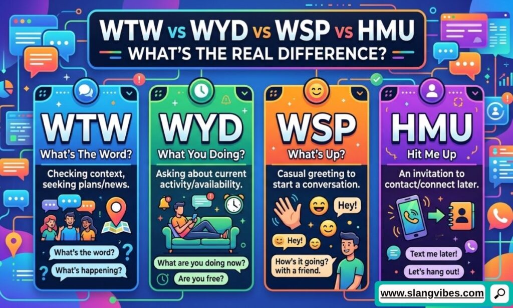 WTW vs WYD vs WSP vs HMU comparison chart showing meanings and texting usage on Snapchat, TikTok, and Instagram