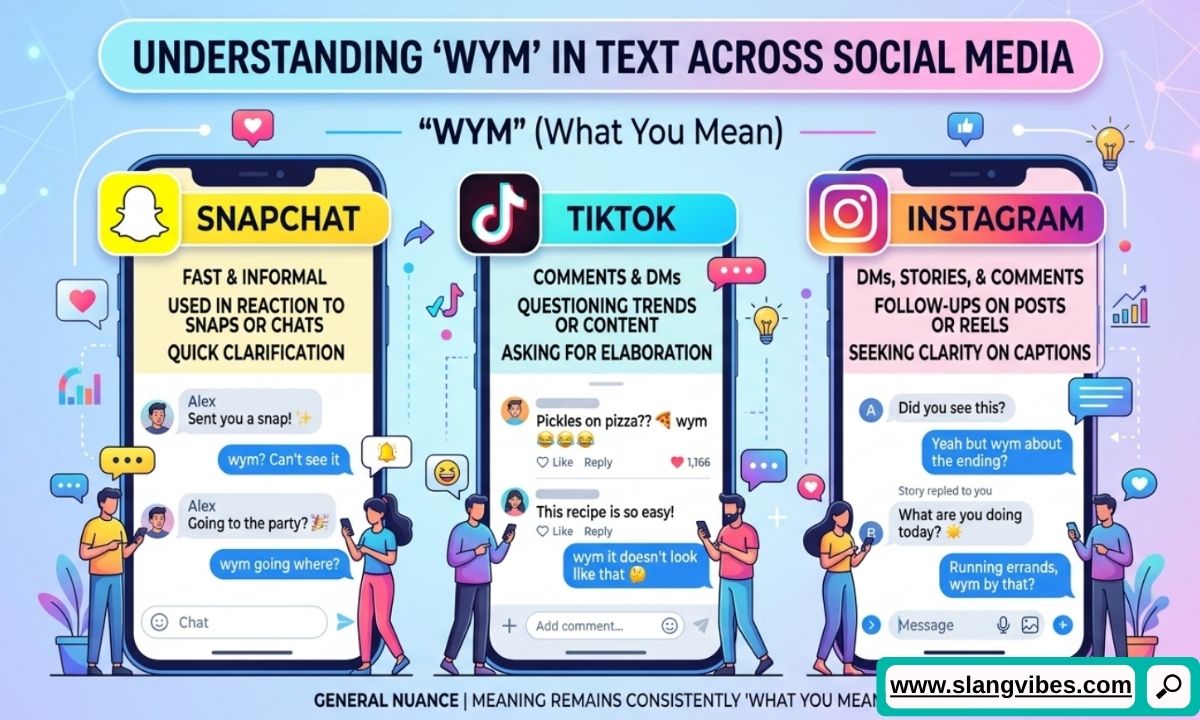 WYM in Text meaning on Snapchat, TikTok, and Instagram with chat examples and social media messaging icons
